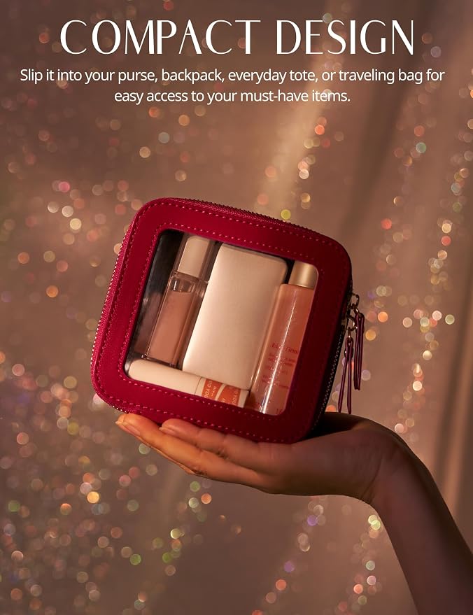 Clear Makeup Bag with Zipper, Set of 2, Mini and Medium, Red | Clear Travel Bags for Toiletries, Structured Cosmetic Case for Women, Waterproof PU Leather, Wide Open Portable Car Organier - Image 4