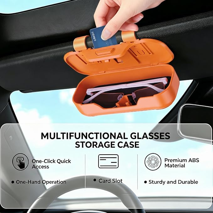Car Sun Visor Sunglasses Holder,Orange ABS Eyeglasses Case | Card Storage,Soft Flocked Interior,Anti-Rattle Triangle Slot,Double Clips,Push Button Access,Scratch Protection,Universal Fit - Image 2
