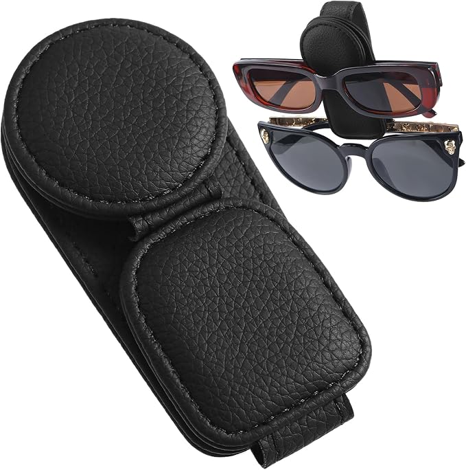 Konohan Sunglasses Holder for Car Visor Leather Eyeglass Hanger Magnetic Sunglasses Holder with 2 Clips (Black) by Konohan