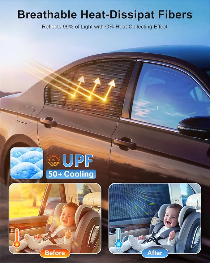 Car Window Shades(4 Pack)-Side Window Sun Shades, UV Protection Breathable Spandex Baby Window Covers, Universal Fit Most of Cars, Protect Privacy for Family-(27.2"x39.8"), Black - Image 2