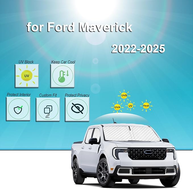 KMF 6pcs Thicken Sun Shades for Ford Maverick 2022-2025 Accessories, Custom Fit Full Car Window Covers Sunshade for Windshield Side Rear, UV Block and Blackout Privacy for Camping Outdoor - Image 2