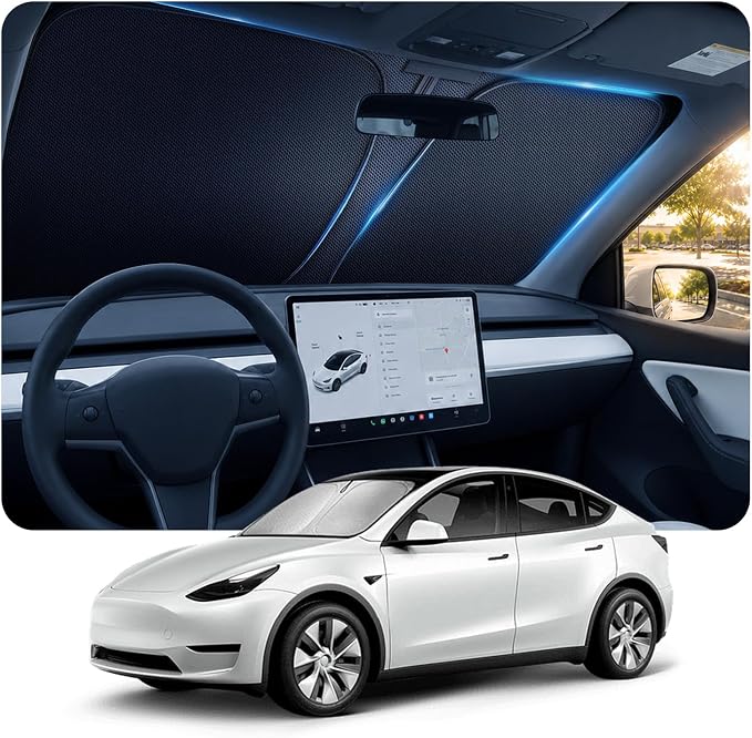 [2026 Upgraded] DooGooCoo Windshield Sun Shade for Tesla Model Y & Model 3 2017-2026 [Cooling Ice-Crystal, 100% Sun Block] Sunshade for Car Windshield for Tesla Model 3 Sunshade Model Y Sunshade. by DooGooCoo
