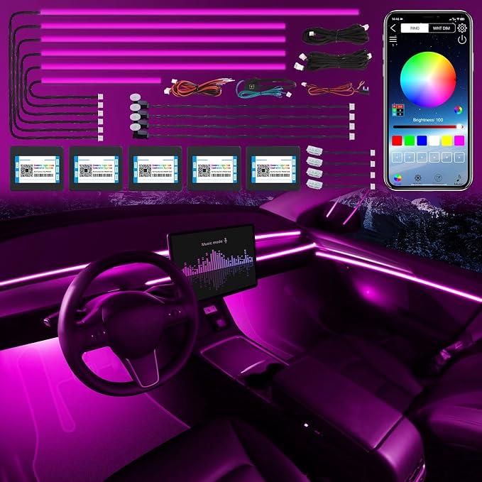 Acrylic Interior Car LED Strip Light with Wireless APP, RGB 14 in 1 with 175 inches 600 LEDs Fiber Optic Car Ambient Lighting Kits, 16 Million Colors Sound Active Function LED Strip for Car by MAODANER
