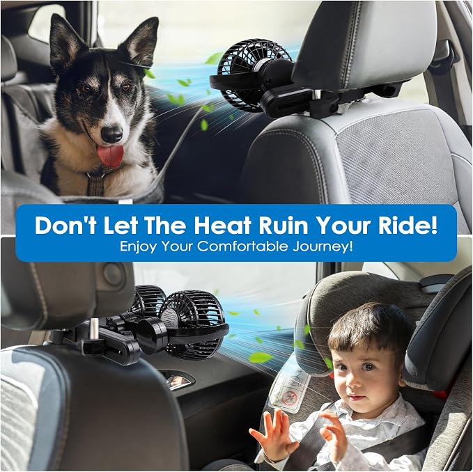 XOOL USB Dual Head Backseat Car Fan – 360° Rotatable Rear Seat Air Circulator with Stepless Speed & Adjustable Clip for Kids in SUV, Truck, RV - Image 8