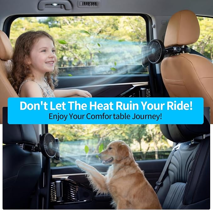 Pelidox Car Fan for Backseat - 3 Speeds 360° Rotation Dual Head USB Back Seat Cooling Fan Kids Baby Quiet Fan with LED Display for Almost Vehicle Jeep Van RV Truck - Image 2