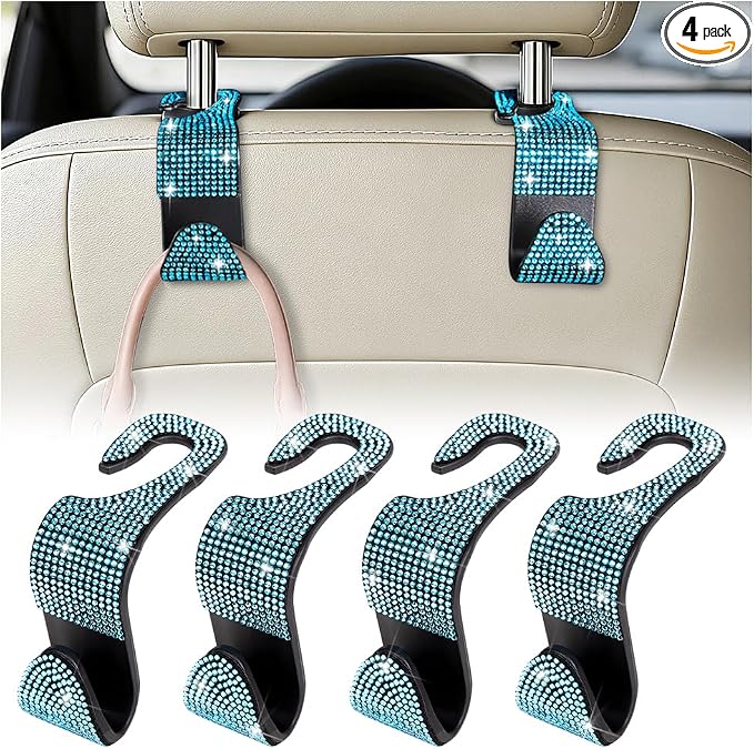 HZEL 4PCS Crystal Rhinestone Vehicle Headrest Hooks for Bags, Blue | plastic and rhinestone build, snap-on headrest mounting, holds bags and umbrellas, uses seatback space, fits vehicles by Unknown
