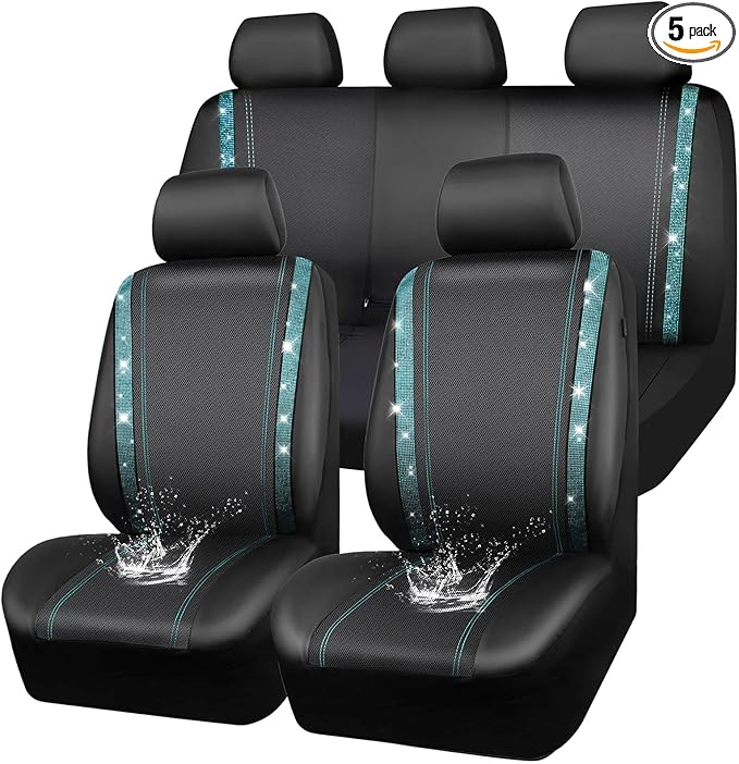 CAR PASS Bling Car Seat Covers Full Set, Shining Rhinestone Diamond Waterproof Faux Leather Universal Fit 95% Automotive Glitter Crystal Sparkle Strips for Cute Women Girl, Full Set (Mint Diamond) by CARPASS