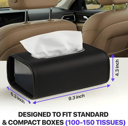 Lucrum Extra Large Car Tissue Holder - PU Leather Tissue Box Cover | Fits Regular Size Napkins Box - PU Leather Car Tissue Holder for Seat Back, Sun Visor & Console - Jet Black - Image 3
