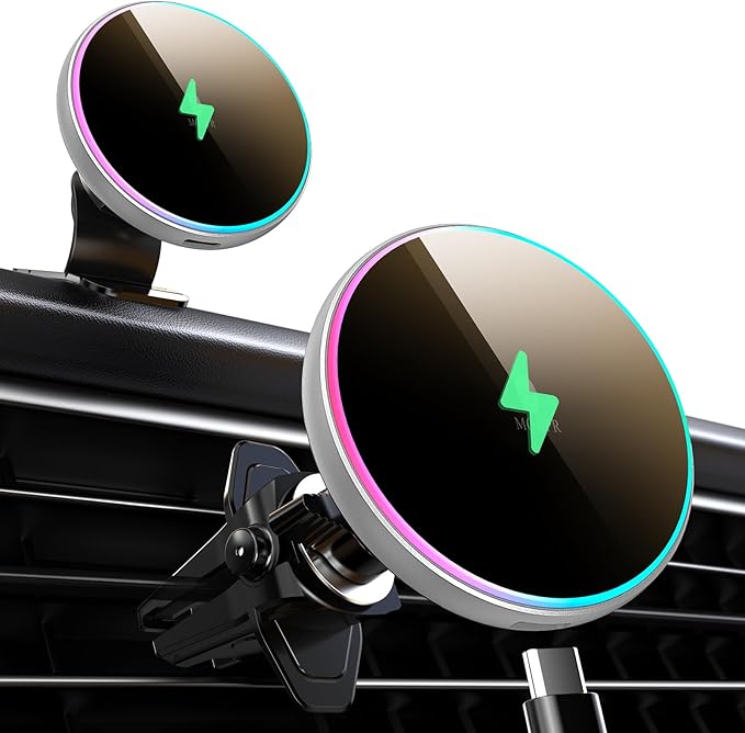 for Magsafe Car Mount Charger 15W LED RGB Car Phone Holder for Dash Vent | HandsFree Magnetic Wireless Car Charger Car Mount Fast Car Charger for iPhone 17 16 15/14/13/12 Series Silver by MOKPR