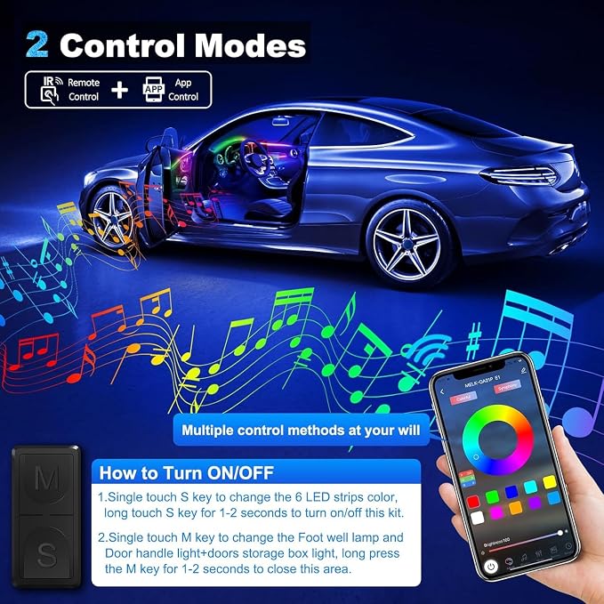 Acrylic Interior Car LED Strip Light with Wireless APP, Dreamcolor RGB 10 in 1 with 175 inches 600 LEDs Fiber Optic Car Ambient Lighting Kits, Dual Zone Sound Active Function LED Strip for Car - Image 4