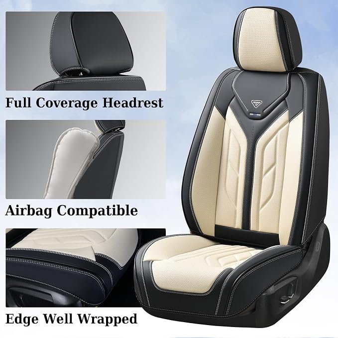Coverado Front Seat Covers, Car Seat Covers Front Seats, Leather Seat Covers for Cars, Automotive Seat Covers Car Seat Protector Car Accessories Fit for Most Sedans SUV Pick-up Truck(Black&Beige) - Image 3