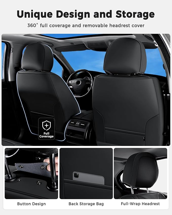 Huidasource Black Front Seat Cover Luxury Nappa Leather, Front Car Seat Cover with Airbag, Front Storage Pocket, Lumbar Support, Cooling＆Heating, Universal Fit for Most Cars SUV Trucks, Black - Image 4