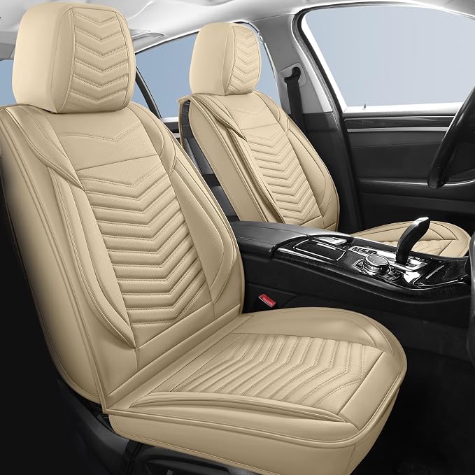 HChengkikz Nappa Leather Car Seat Covers Full Set, Beige Car seat Protector 5 Seats, Waterproof Car Seat Cushion, Universal Automotive Seat Covers Fit for SUV Truck Pick-up Sedan, Front and Rear | Easy Maintenance, Airbag Compatible, Universal Fit For ... - Image 2