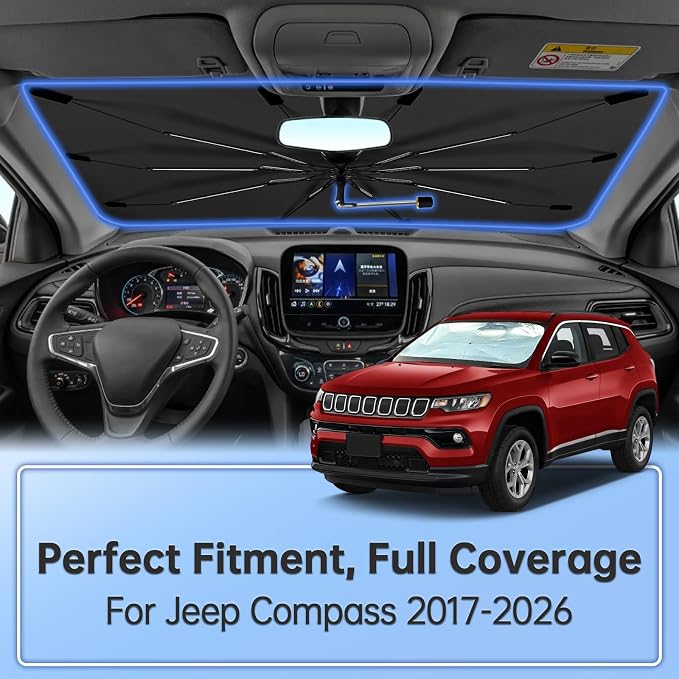 Windshield Sun Shade Umbrella for Jeep Compass 2017-2026 Front Window | Foldable Car Sunshade, Highly Reflective Auto Sun Shield Visor for UV Protection, Keep Car Cool - Image 2