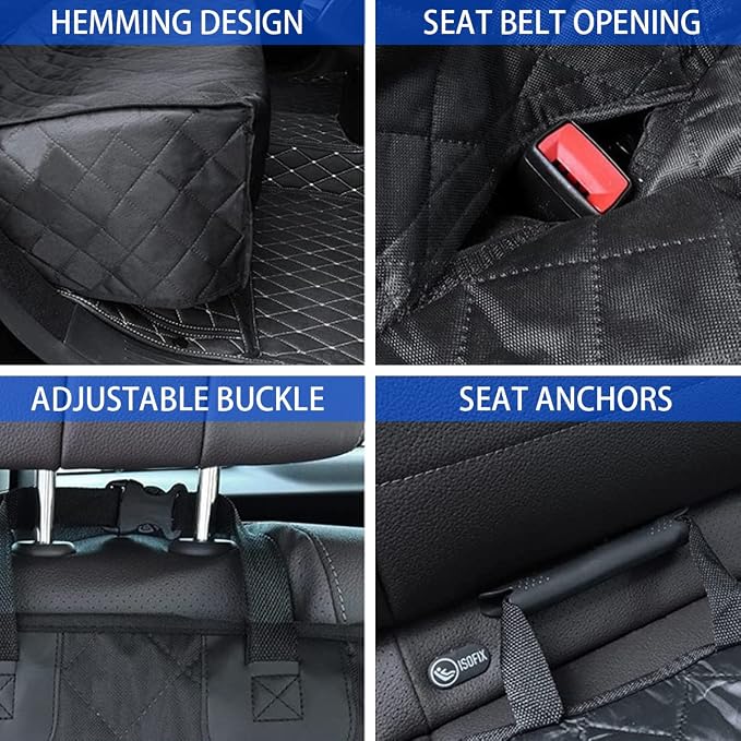 BESULEN Dog Car Seat Cover Waterproof Back Seat Protector Black | Oxford cloth with grid texture, buckle strap setup, anchor support, fits most cars, SUVs, and trucks, car accessories - Image 3