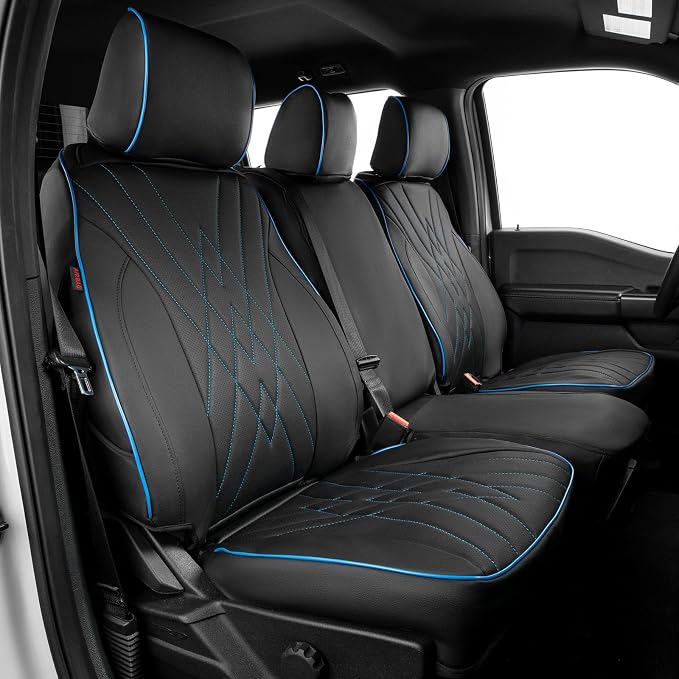 EKR F150 Seat Covers Custom Fit for (4 Door,SuperCrew) Ford F-150 STX 2024-2026 & F150 XL/XLT/Tremor 2021-2026& (Lightning) F-150 Pro/XLT/Flash 2022-2024 -Faux Leather(Black with Blue Trim) by EKR