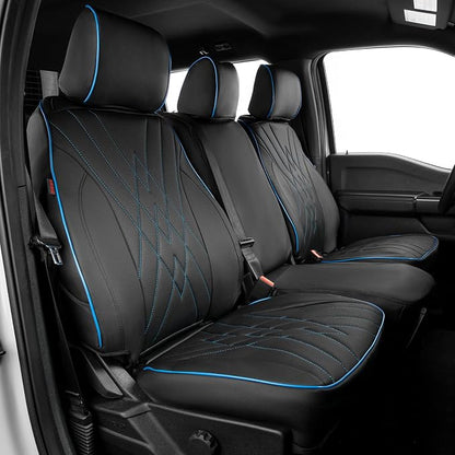 EKR F150 Seat Covers Custom Fit for (RegularCab) 2021-2026 Ford F-150 XL/XLT & 2023-2026 F250/F350/F450 SuperDuty XL/XLT,(First Row Only),Faux Leather(Black with Blue Trim) by EKR