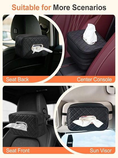 Multi-functional Car Tissue Holder with ‌2 Tuck Nets, Tissue Box Cover | Diamond Pattern, Upgraded PU Leather, Large Rectangle,Black Napkin Storage Organizer, Keep Car Tidy - Image 5