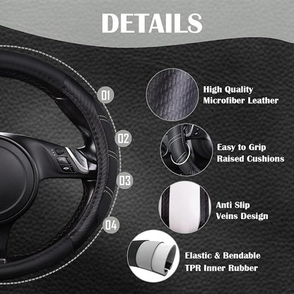 CAR PASS Line Rider Microfiber Leather Sporty 14.5-15 inch Steering Wheel Cover Universal Fits for 95% Truck,SUV,Cars, Anti-Slip Safety Comfortable Design (Black Carbon Fiber) - Image 4
