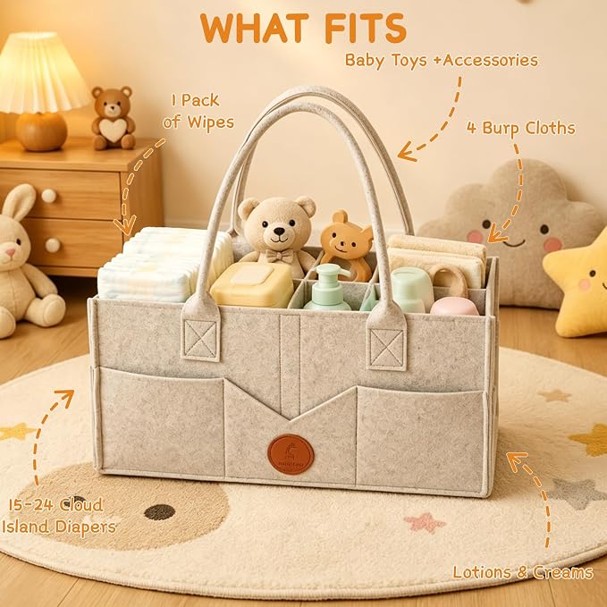 Diaper Bag Organizer Compatible with Cloud Island, Felt Diaper Caddy with Handle, Portable Storage Basket for Changing Table & Car, Khaki - Image 4