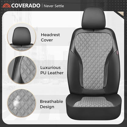 Coverado Front Seat Covers, 2-Pack Luxury Leather Car Seat Cover with Carbon Fibre Weave Design, Waterproof Car Seat Protectors, Driver Seat Covers Universal Fit for Cars SUV Trucks, Black Gray - Image 5