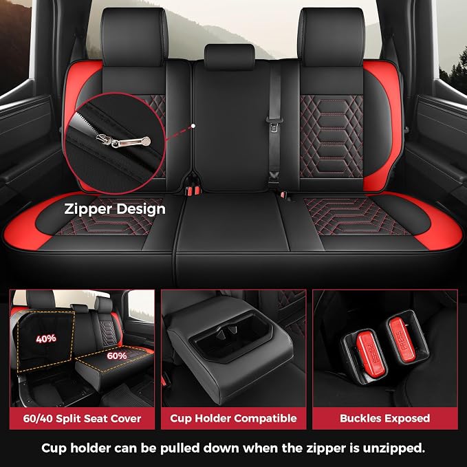 FREESOO Custom for Toyota Tundra Seat Covers 2022-2026 Crewmax Double Cab | Custom Fit, Full Set, 60/40 Split Bench, Waterproof Leather, for Truck Toyota Tundra Accessories, BlackRed - Image 4