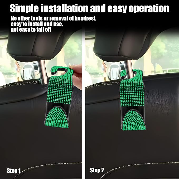 OSIFIT 2PCS Car Seat Hooks, Bling Car Rhinestone Headrest Hooks, Universal Bling Car Interior Accessories, for Handbag, Clothes, Purse, Water Bottle (Green) - Image 6