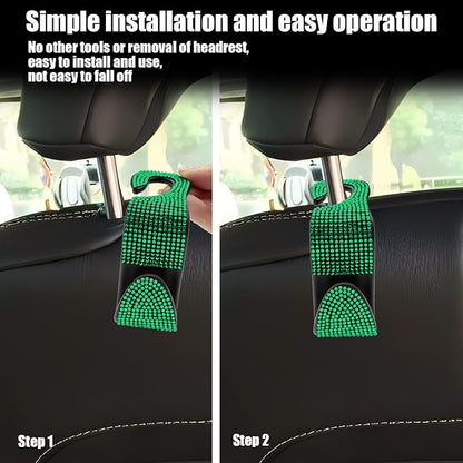 OSIFIT 2PCS Car Seat Hooks, Bling Car Rhinestone Headrest Hooks, Universal Bling Car Interior Accessories, for Handbag, Clothes, Purse, Water Bottle (Green) - Image 6