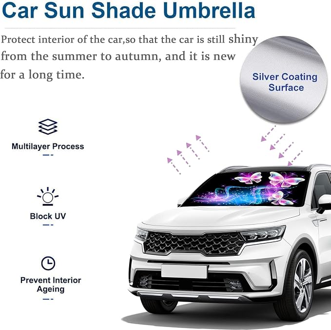 Purple Butterfly Car Sunshade - Windshield Umbrella, UV Rays Block, Heat & Cool Vehicle, Foldable Reflective Sunshade (57 x 31 in) - Image 5