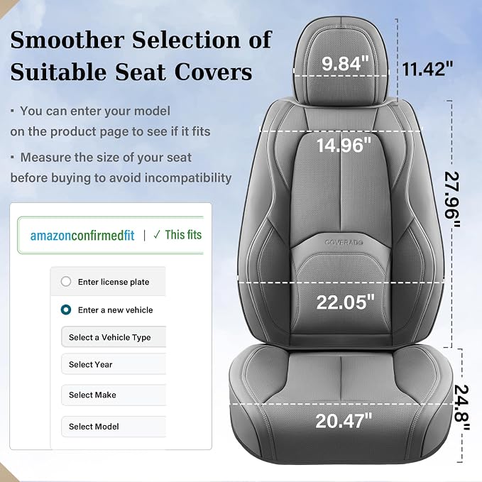 Coverado Car Seat Covers Full Set, Premium Nappa Leather Seat Covers for Car, Waterproof Car Seat Protector with Lumbar Support, Automotive Seat Covers Universal Fit for Most Cars SUV Truck(Gray) - Image 6