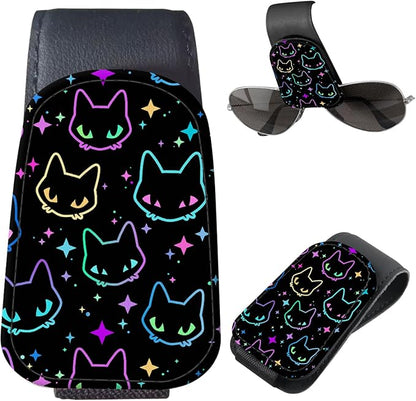 Sunglasses Holder for Car Visor, PU Leather Glasses Clip Organizer, Cute Magnetic Eyeglass Holder for Vehicle Sun Visor, Car Interior Accessory for Women & Men Neon Outline Cat by Unknown