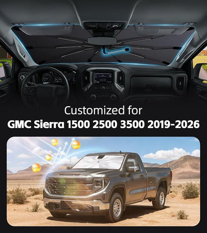 Windshield Sun Shade for GMC Sierra 1500 2500 3500 2019-2026, UPF50+ | 360°Rotating Shaft, Custom Fit Umbrella Sunshade for UV Blocking, Interior Heat Protection, Easy Storage, Keep Cool - Image 2