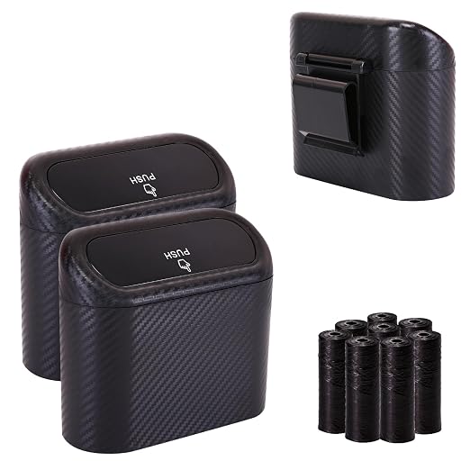 Ginsco Mini Car Trash Can with Lid, Small Car Garbage Can, Cute Leakproof ABS Car Trash Bin, Car Accessories for Interior, Garbage Bin for Car, Home, Office with 120pcs Trash Bags Carbon Fibre by Ginsco