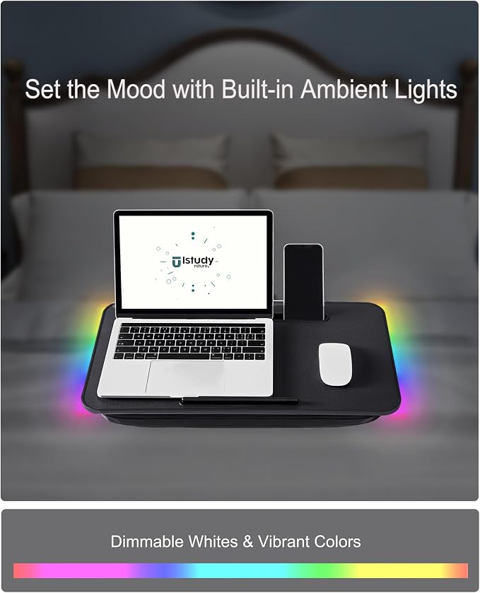 Lap Desk, Portable Laptop Desk with Cushion and Multi-Color Glow, Extra Wide Surface Fits 17” Laptop, Tray for Bed, Sofa, Travel or Car – ISTUDYNITURE (Black, Ambient Colors) - Image 3
