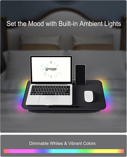 Lap Desk, Portable Laptop Desk with Cushion and Multi-Color Glow, Extra Wide Surface Fits 17” Laptop, Tray for Bed, Sofa, Travel or Car – ISTUDYNITURE (Black, Ambient Colors) - Image 3
