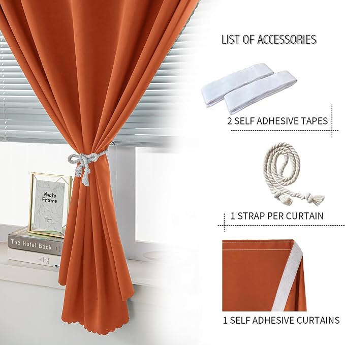 Self Adhesive Curtains Portable Blackout Curtain Simple and Easy to Install Bedroom Window Thermal Lnsulated Kitchen Room Darkening Black Small Drapes, 59" W X 71" L, Orange, 1 Panel - Image 2