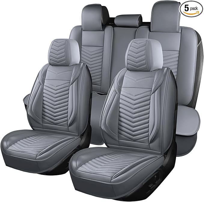 HChengkikz Nappa Leather Car Seat Covers Full Set, Gray Car seat Protector 5 Seats, Waterproof Car Seat Cushion, Universal Automotive Seat Covers Fit for SUV Truck Pick-up Sedan, Front and Rear | Easy Maintenance, Airbag Compatible, Universal Fit For M... by HChengkikz