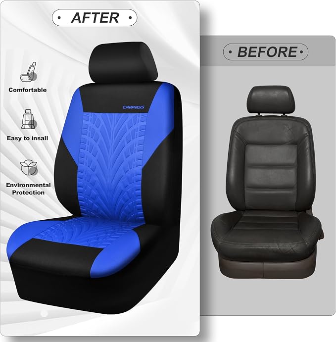 CAR PASS Car Seat Covers Two Front Only for Car, 3D Tyre Print Automotive Interior Covers, Airbag Compatible, Quick Setup Universal Fit Seat Covers for Car, Truck, SUV(Black and Blue) - Image 6