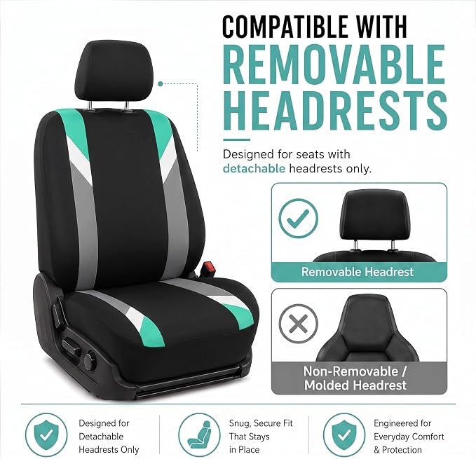 FH Group Front Set Cloth Car Seat Covers for Low Back Car Seats with Removable Headrest, Universal Fit, Airbag Compatible, Seat Cover for SUV, Sedan, Van, Mint - Image 2