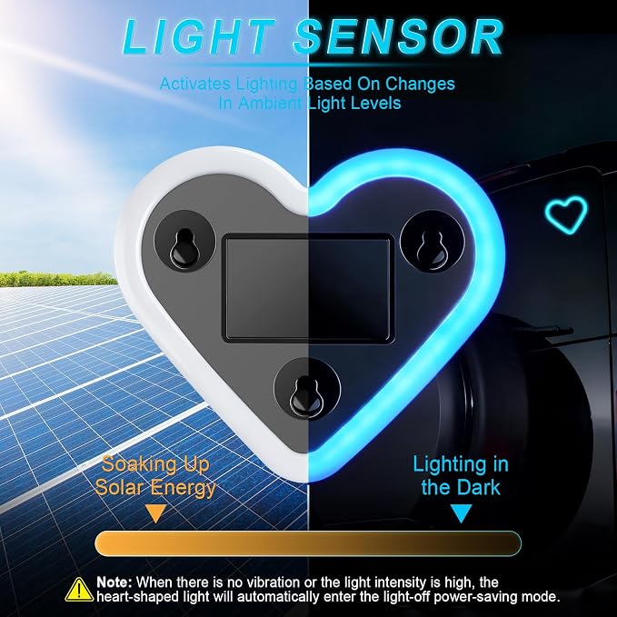 iFunyLED Heart-Shaped Solar Powered Car LED Interior Ambient Light, Wireless Lamp with 5 Lighting Modes, Dual Charging & Dual Sensor Design, Cute Car Accessories Gift for Women, Pack of 2 (Ice Blue) - Image 3