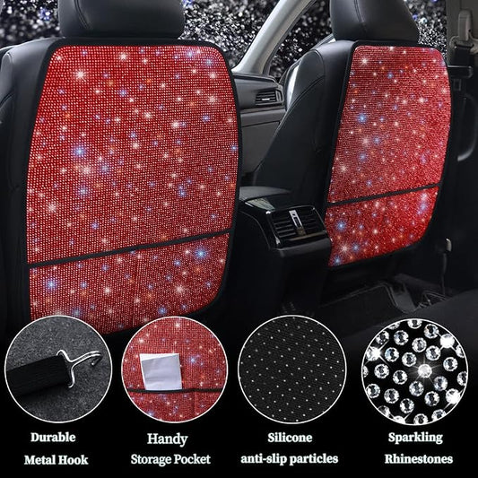 Luxury Bling Car Seat Back Protectors with Pockets – Sparkling Rhinestone Kick Mats, Universal Fit PU Leather Back Seat Covers for SUV Leather Seats, Diamond Protectors for Girls Red 2pcs - Image 2