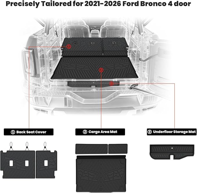 LASFIT Cargo Mats+Rear Back Seat Protector for Ford Bronco 4-Door 2021-2026 | All Weather TPE Trunk Liner+Underfloor Storage Mat+Backrest Cover Custom Fit Easy Clean, Not Fit Bronco Sport or 2 Door - Image 2
