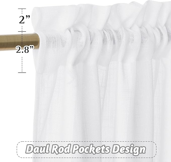 RYB HOME White Semi Sheer Curtains 102 inches Long for Bedroom | Light Filtering, Half Privacy, Window Curtains & Drapes, Privacy, for Living Room, White, W52 x L102, 2 Panels Set - Image 2
