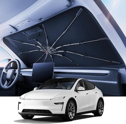 REEVAA Windshield Sun Shade Umbrella for Tesla Model Y Juniper 2017-2026,Z4 | Stay Cool in Summer, 6-Layer Heat Defense Blocks Sun & Heat, Precision Fit for Tesla Model Y, Durable 10-Rib Frame by REEVAA