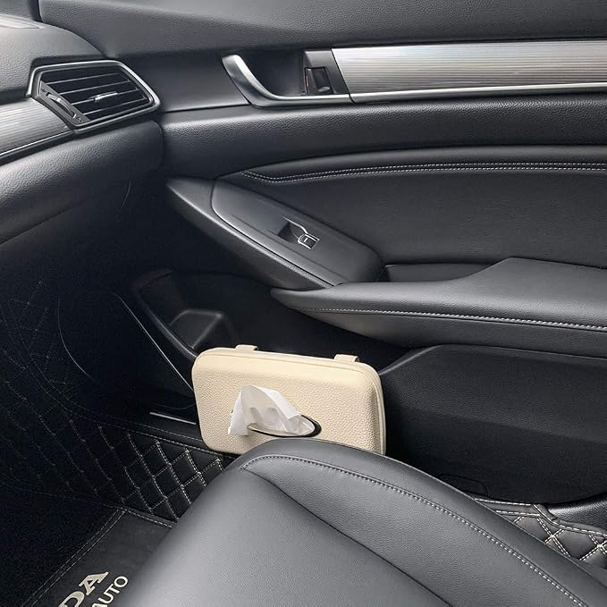 Car Tissue Holder, Sun Visor Napkin Holder, Car Visor Tissue Holder, PU Leather Backseat Tissue Case Holder for Auto,Vehicle (Beige) - Image 3