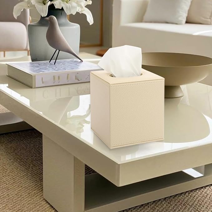 Sumnacon Tissue Box Cover Square,Magnetic Bottom PU Tissue Box Holder,Beige | Stylish Cube Leather Tissue Cover,Lychee Pattern, Decorative Tissue Box Covers for Living Room Bathroom Table Desk Office Car - Image 2