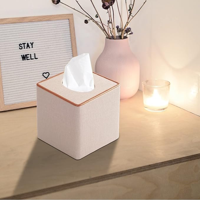 Linen Square Tissue Box Cover,Cube Tissue Box Holder－Excellent Rosegold Leather Decoration,Table Napkin Case Dispenser,Facial Tissues Organizer with Magnetic Bottom for Home Office Car(Beige) - Image 7