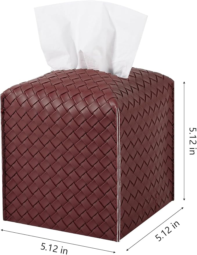 Tissue Box Cover Square Leather Facial Paper Holder, Dark red | PU Leather，Easy to Fill, Easy Clean, Decorative Cube Tissue Box Holder for Office, Bathroom,Kitchen, Living room, Guest room - Image 2