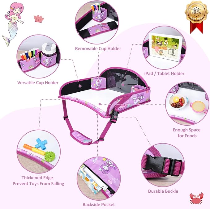 Toddler Car Seat Travel Tray FOR Road Trip Activities, 1PCS Mermaid | With 16.7" x 13.4" Smooth Dry Erase Board, Cup holders, Ddjustable Strap & Shoulder Carry Strap - Image 5
