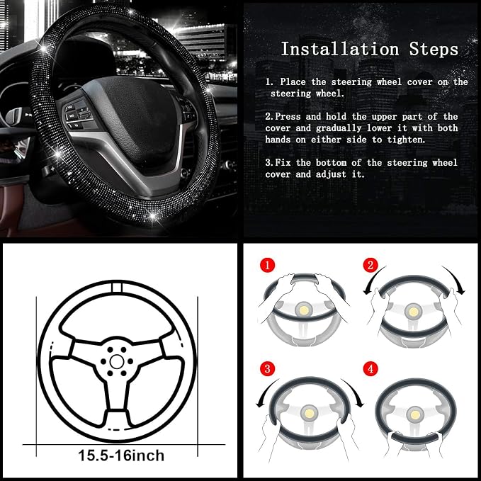 Steering Wheel Cover for Women 15 1/2 inches-16 inches Bling Bling Crystal - Image 5
